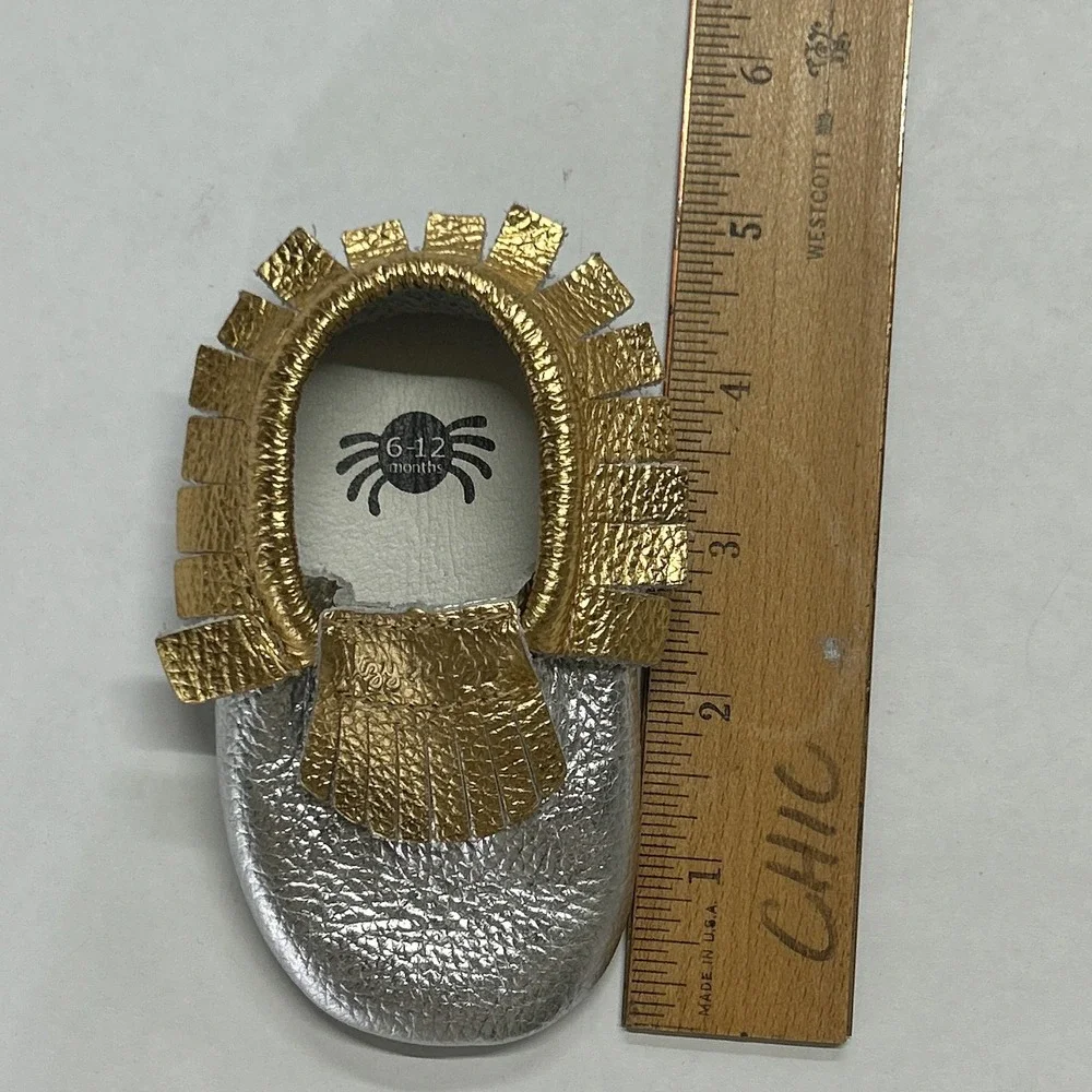 Itzy Ritzy Gold‎ Silver Metallic Baby Moccasins 6–12 Mo Soft Sole Crib Shoes